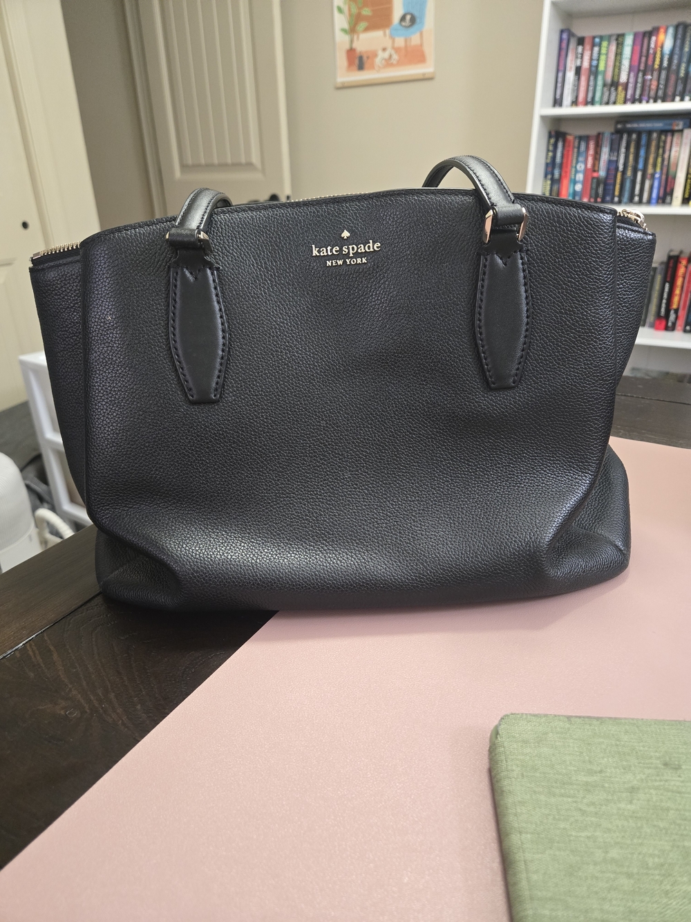 kate spade black pebbled leather satchel with gold logo